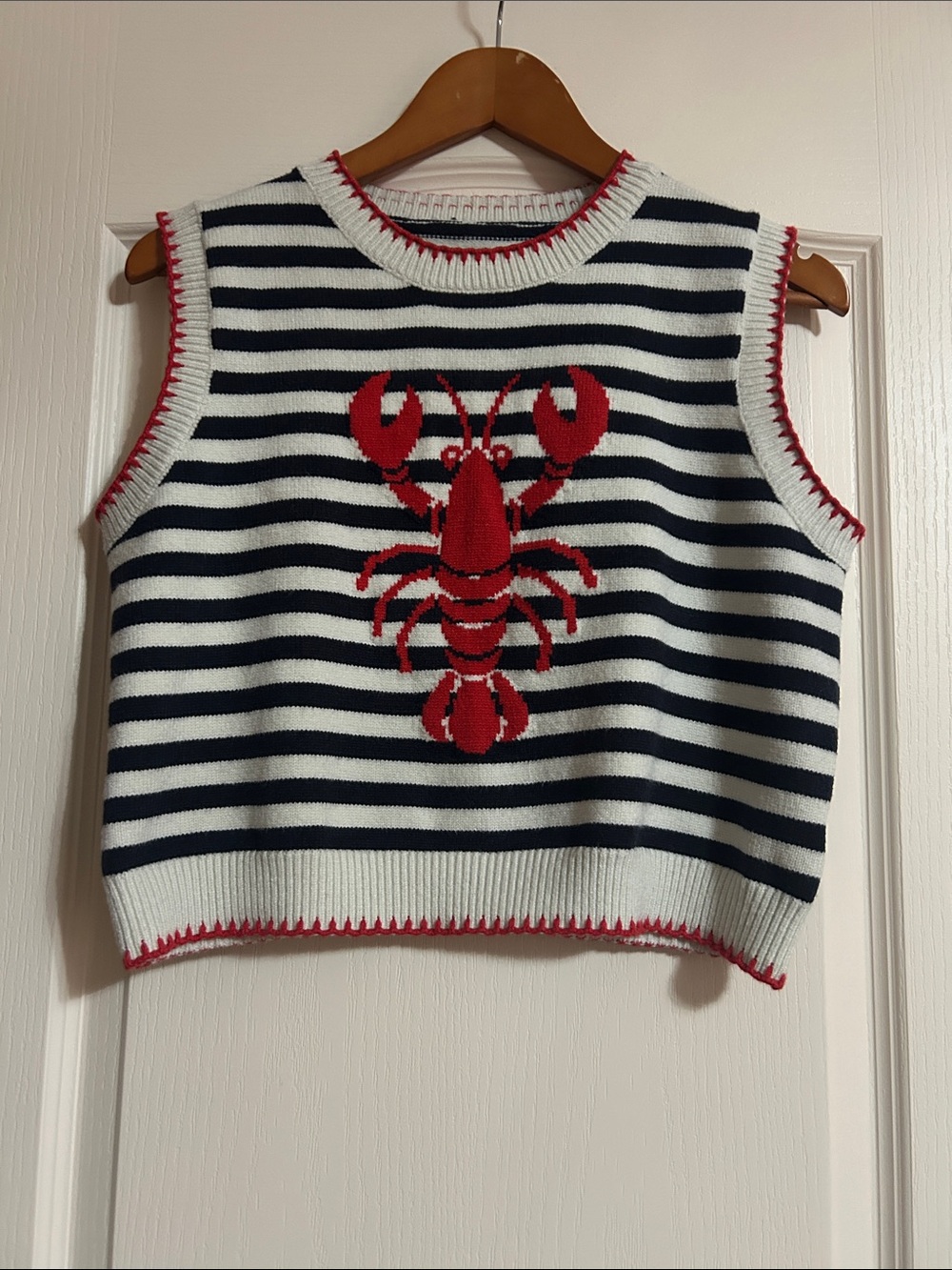 Striped Cropped Sweater with Red Lobster Motif